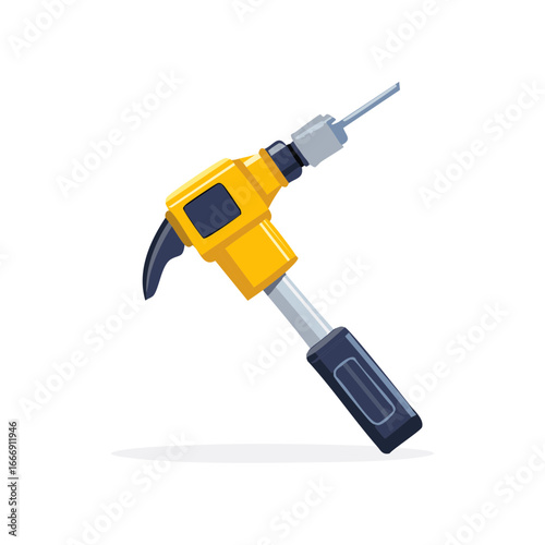 Yellow Hydraulic Hammer Construction Tool, Vector Graphic of Jackhammer, Paving Breaker, Power Demolition Equipment