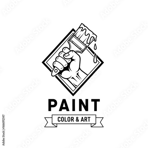 Art & Painting Logo: A Monochrome Design of a Hand Holding a Paintbrush with Dripping Paint, Symbolizing Creativity and Craft.