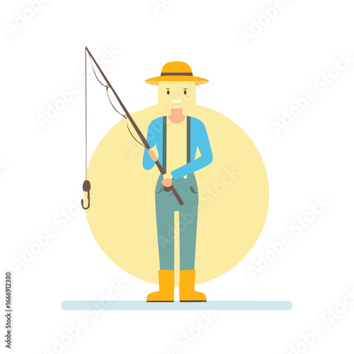 Flat Illustration of a Person Holding a Fishing Rod in Casual Clothes with Boots and Hat