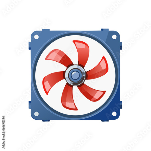 Computer Cooling Fan with Red Blades and Blue Casing for System Cooling Components