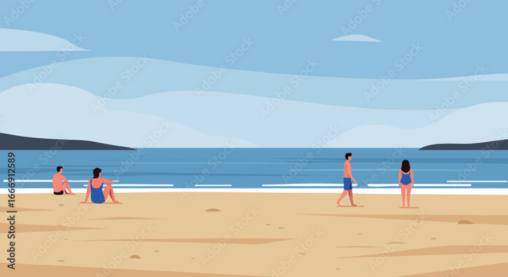 Fototapeta premium Beach scene with people relaxing and walking near ocean under blue sky vector illustration 