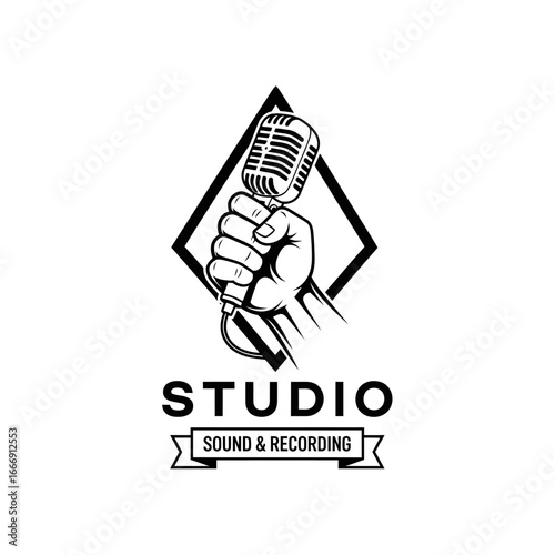 Hand Holding Vintage Microphone Logo Design for Professional Sound Recording Studio and Music Branding