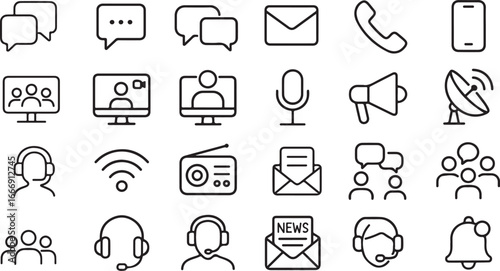 Communication Line Icons Set Chat, Message, Phone, Email, Video Call, Support, Internet Outline Vector Illustration Pack
