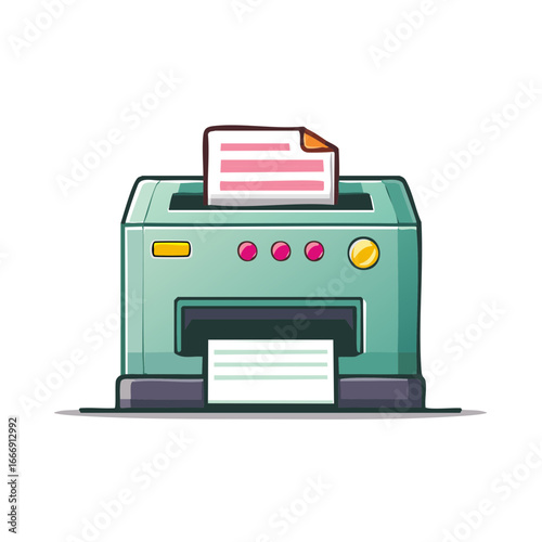 Cartoon printer prints colorful paper illustration, printing documents and data with electronic device