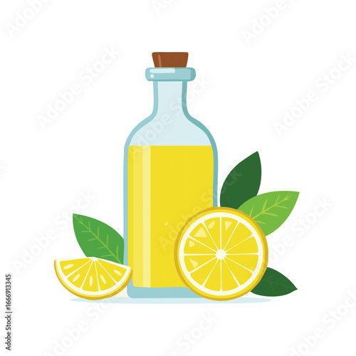Bottle with Citrus Oil and Fresh Lemons Composition Flat Lay Still Life
