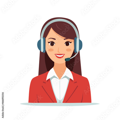 Female Call Center Agent Smiling Wearing Headset in Red Suit