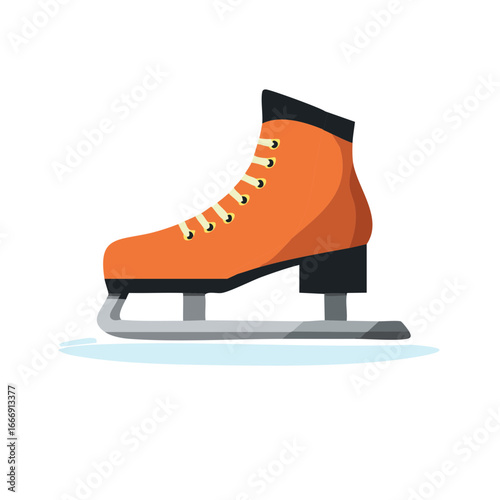 Single orange ice skate with white laces and silver blade for winter sports
