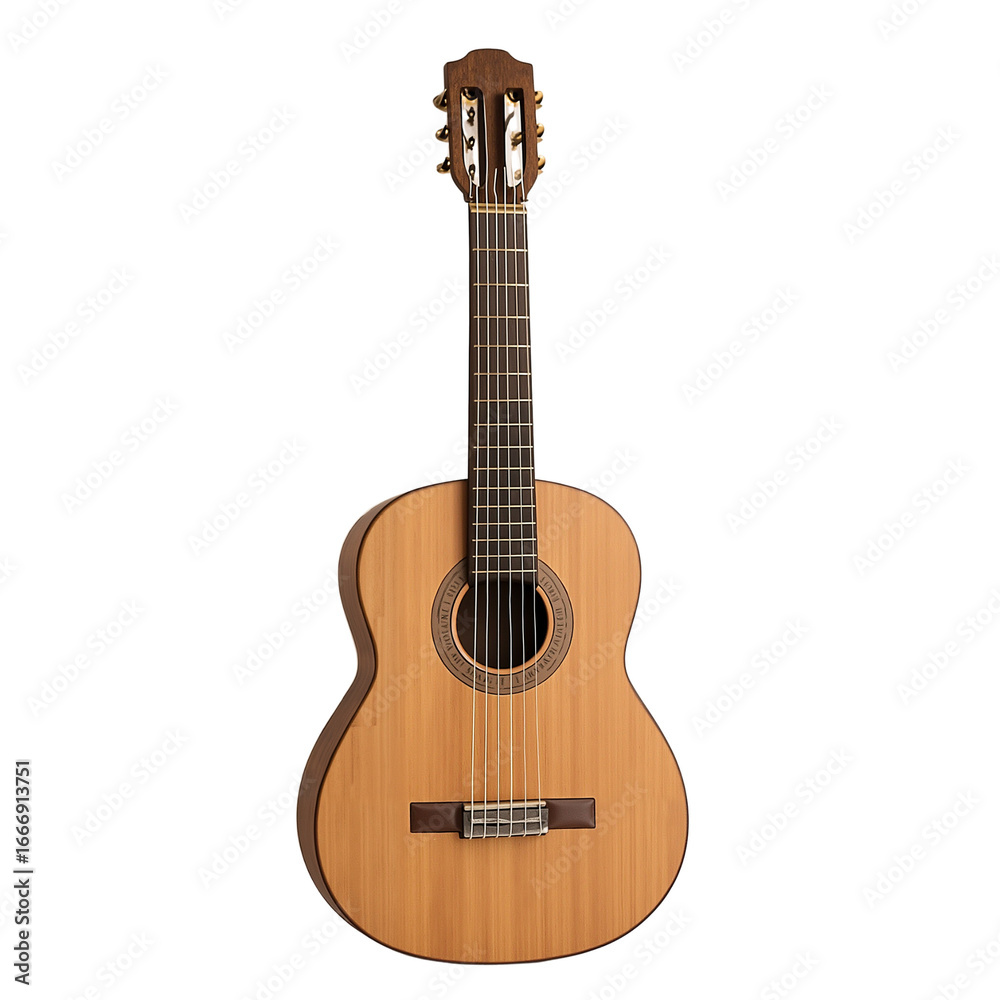Obraz premium Acoustic guitar with wooden body and six strings on white background 