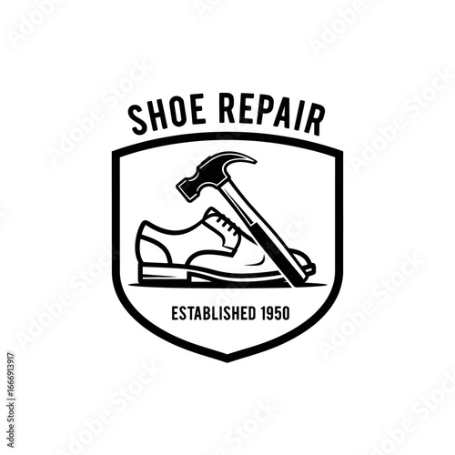 Shoe Repair Classic Logo Featuring Hammer and Shoe Within Shield Established 1950 Icon Illustration
