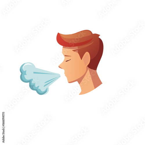 Man exhales vapor, steam or smoke with closed eyes, side view of head and shoulders