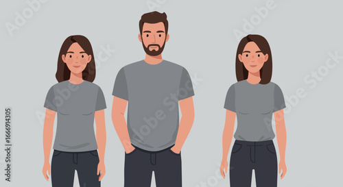 Group of three casual people standing together in grey shirts vector illustration 