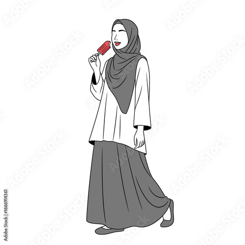 A stylish illustration of a woman in a hijab enjoying a popsicle on a summer day.