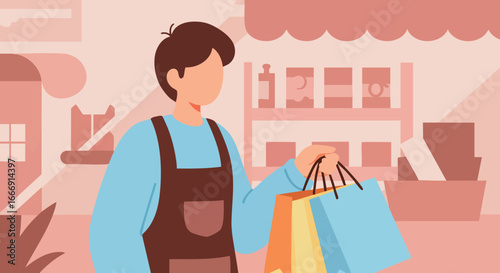 Person Holding Shopping Bags in Retail Store Scene with Pastel Colors Vector Illustration 