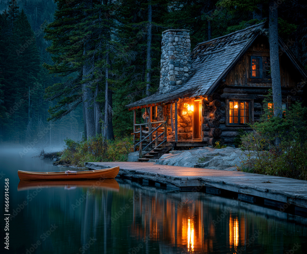 Fototapeta premium Cozy rustic cabin by serene lake illuminated at twilight