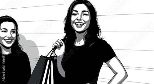 Smiling women shopping holding bags black and white vector illustration 