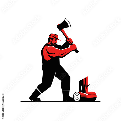 A strong lumberjack chopping wood with an axe.