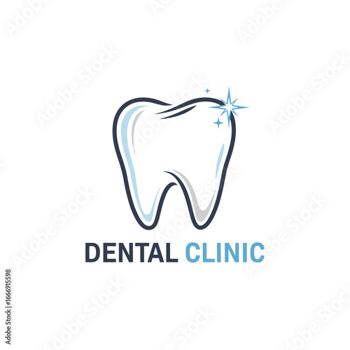 A clean and modern logo for a dental clinic, featuring a sparkling tooth.