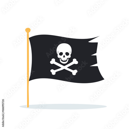 Pirate Flag with Skull and Crossbones Waving on Pole, Symbol of Pirates, Danger, and Adventure