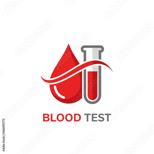 Modern red test logo design. Red blood drop and test tube.