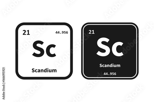 Scandium, Sc, chemical periodic table element icon. The chemical element of the periodic table. Icon with molar mass and atomic number for lab, science or chemistry class.