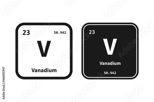 Vanadium, V, chemical periodic table element icon. The chemical element of the periodic table. Icon with molar mass and atomic number for lab, science or chemistry class.