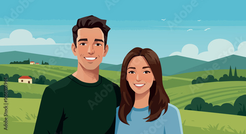 Young couple smiling in green countryside landscape with hills and blue sky vector illustration 