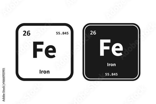 Iron, Fe, chemical periodic table element icon. The chemical element of the periodic table. Icon with molar mass and atomic number for lab, science or chemistry class.