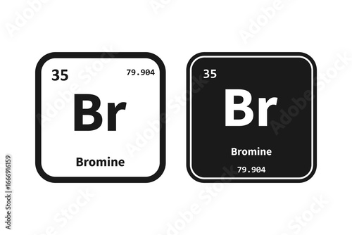 Bromine, Br, chemical periodic table element icon. The chemical element of the periodic table. Icon with molar mass and atomic number for lab, science or chemistry class.