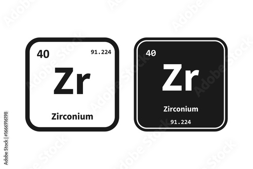Zirconium, Zr, chemical periodic table element icon. The chemical element of the periodic table. Icon with molar mass and atomic number for lab, science or chemistry class.