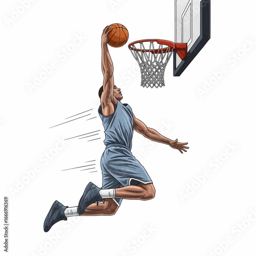 Realistic vector illustration of basketball player doing slam dunk