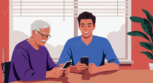 Grandfather and grandson using smartphones at home in casual lifestyle setting 