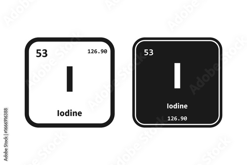 Iodine, I, chemical periodic table element icon. The chemical element of the periodic table. Icon with molar mass and atomic number for lab, science or chemistry class.