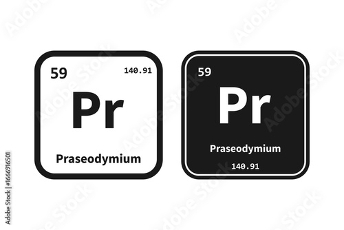 Praseodymium, Pr, chemical periodic table element icon. The chemical element of the periodic table. Icon with molar mass and atomic number for lab, science or chemistry class.