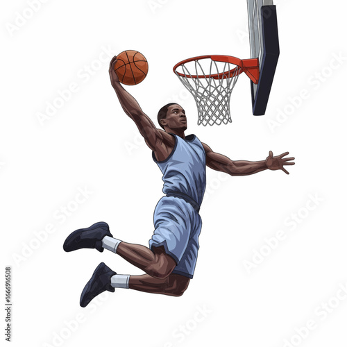 Realistic vector illustration of basketball player doing slam dunk