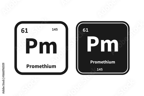 Promethium, Pm, chemical periodic table element icon. The chemical element of the periodic table. Icon with molar mass and atomic number for lab, science or chemistry class.