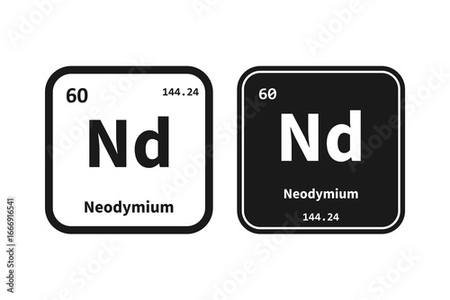 Neodymium, Nd, chemical periodic table element icon. The chemical element of the periodic table. Icon with molar mass and atomic number for lab, science or chemistry class.
