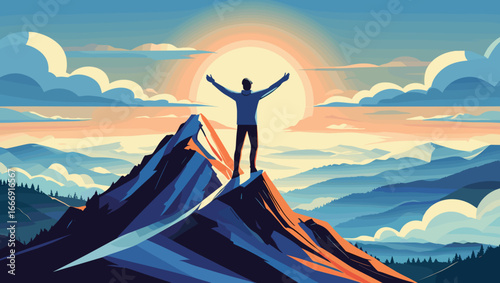 Silhouette of a man feeling triumphant standing on mountain peak against colorful sunset