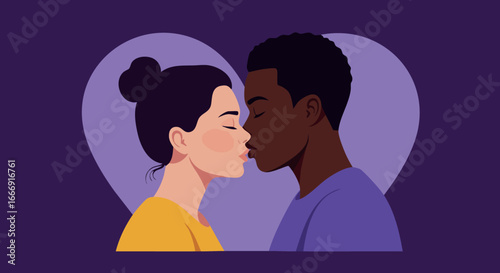 Romantic couple kissing in purple and yellow colors with heart silhouette background vector illustration 
