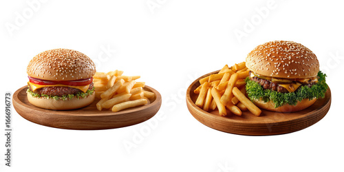 Set of chicken burger with French fries in a wooden plate isolated on a transparent background