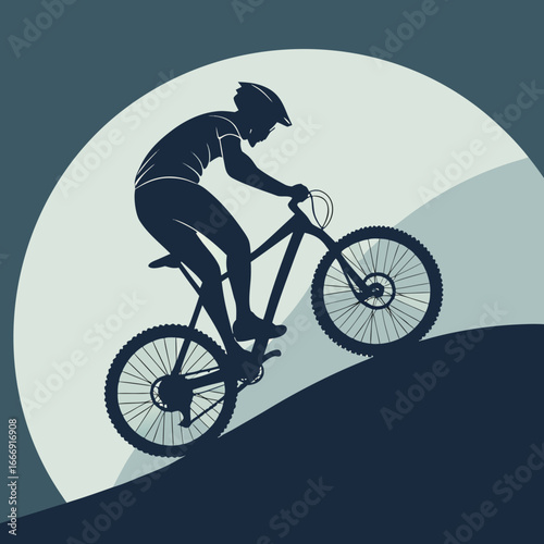 An image of a mountain biker tackling a challenging uphill climb, rendered in silhouette against a vibrant backdrop.