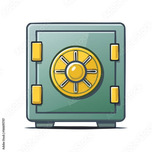 Cartoon Style Illustration of a Secure Vault Safe with Golden Combination Lock Protection and Banking Security