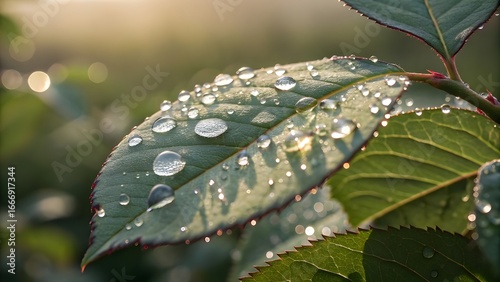 Close-Up of a Dewy Leaf with Visible Water Droplets and Soft Natural Light