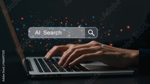 Hands typing AI search query on laptop, modern technology, data analysis, digital world concept