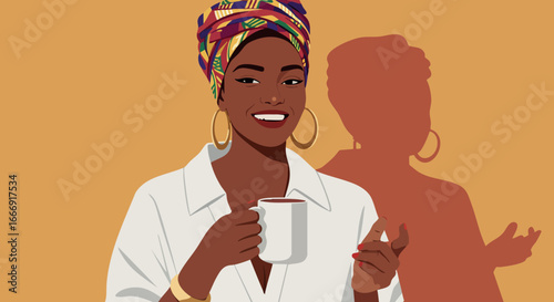 African American woman with colorful headwrap holding cup smiling indoors vector illustration 
