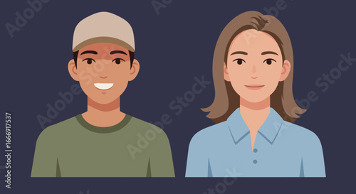 Smiling young man and woman portrait vector illustration with casual clothing and neutral background 