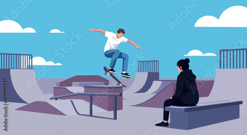 Skateboarder performing trick at skatepark with spectator watching in daylight outdoor scene 