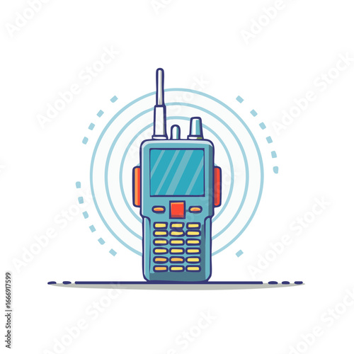 Cartoon-style illustration of a walkie-talkie device with radio waves, communication concept.