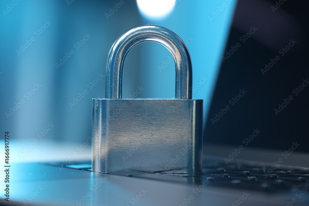 Fototapeta premium Cyber safety. Metal padlock on laptop, closeup