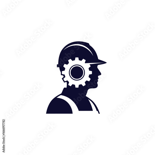Silhouette of an engineer with a gear in his head, symbolizing intellect and expertise.