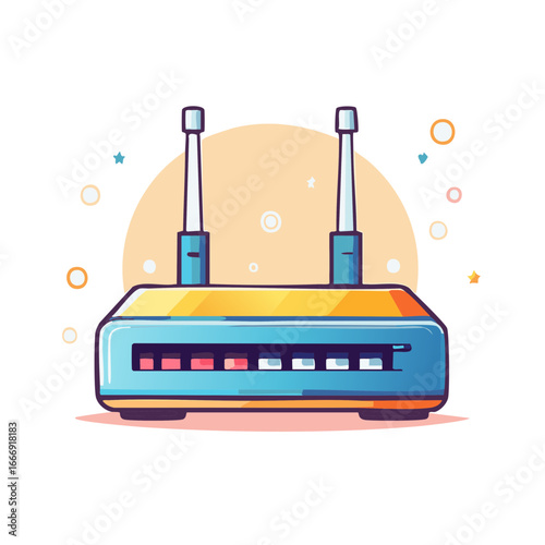 Colorful wireless internet router illustration with antennas representing network connectivity and data transfer